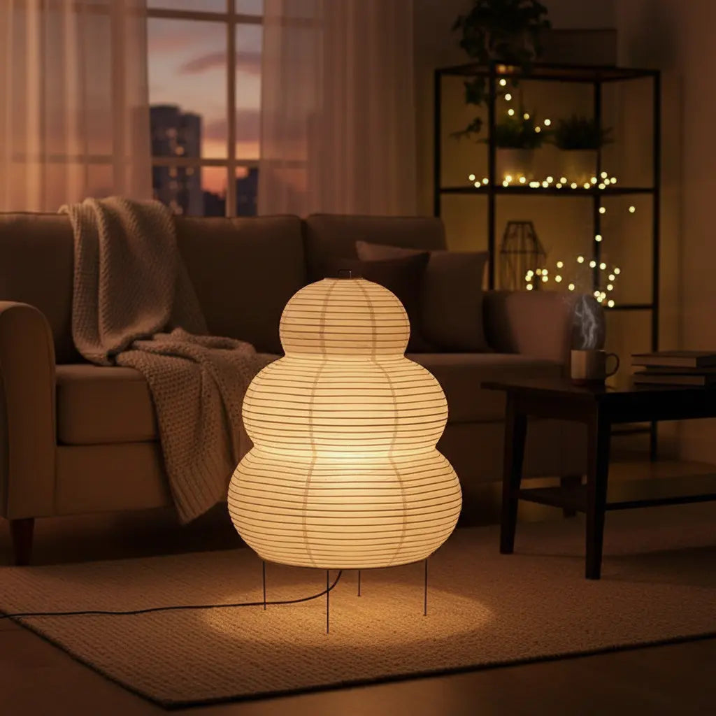 Lummero tiered Japanese rice paper floor lamp – warm ambient glow in minimalist bedroom