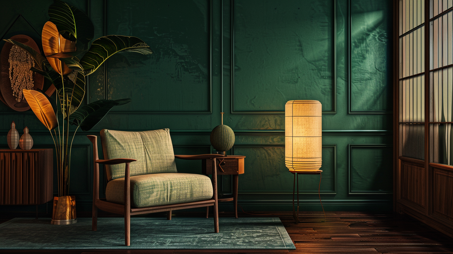 Cozy living room with a chair, lamp, and decorative elements against a green wall.