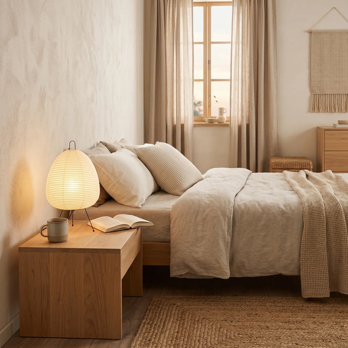 Cozy bedroom with a bed, nightstand, and lamp.