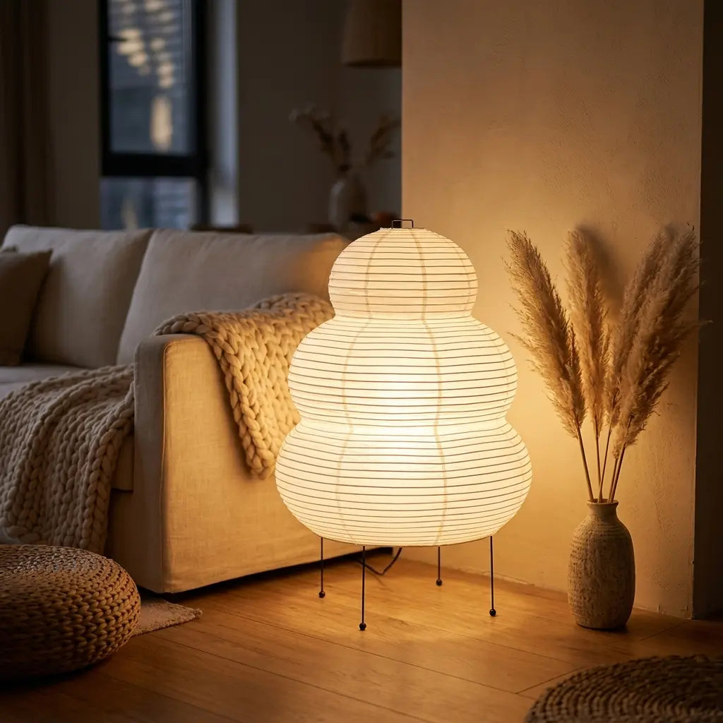Decorative lamp in a cozy living room setting with a couch and vase.