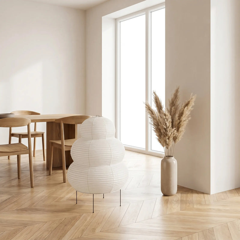 Japanese rice paper floor lamp in Japandi bedroom – warm ambient glow for calm evenings