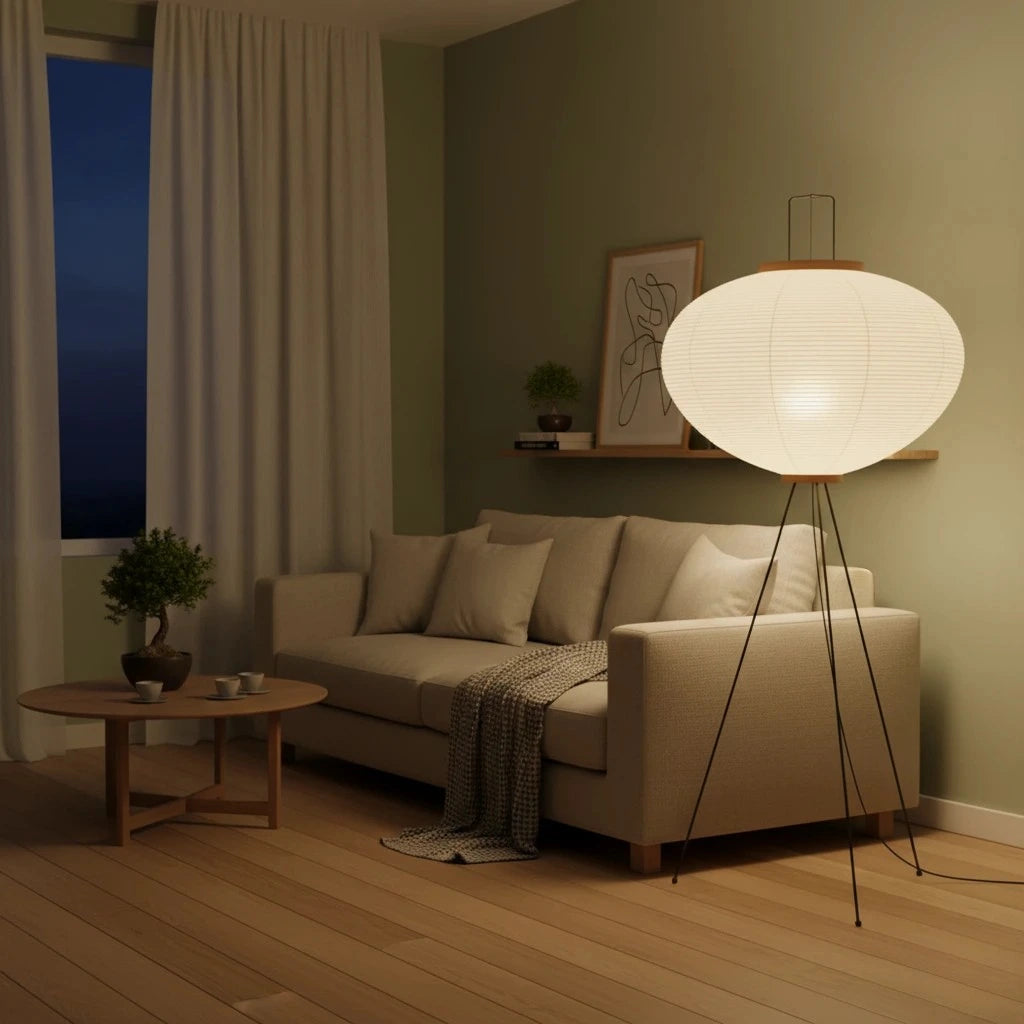 Living room with a beige sofa, round coffee table, and floor lamp casting a warm glow.