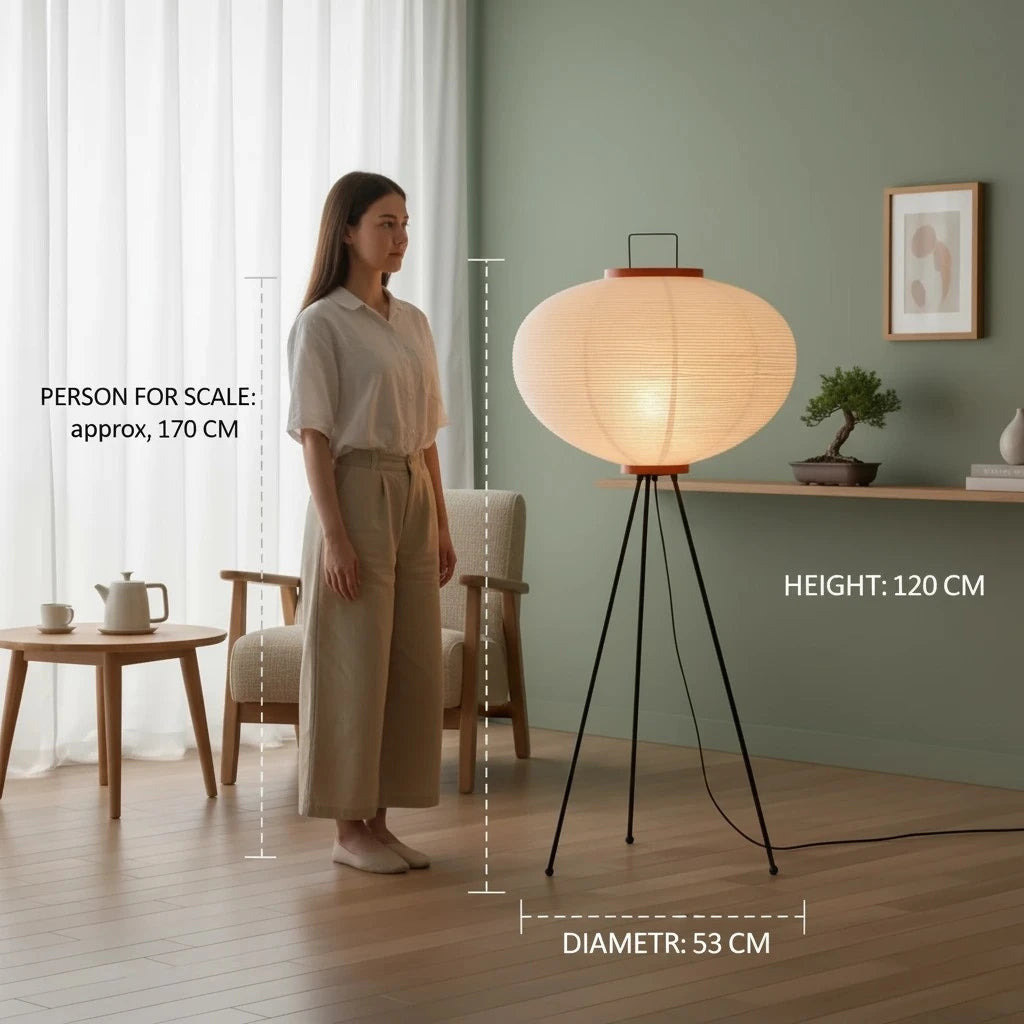 Woman standing next to a floor lamp with measurements indicated
