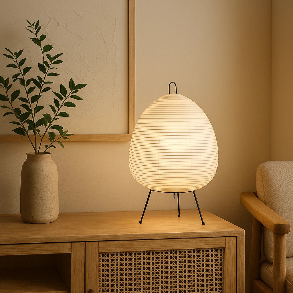 Lummero - table lamp on a wooden surface with a vase and plant in a warm indoor setting