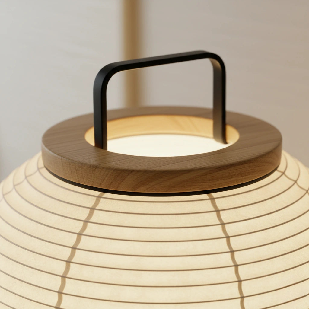 Wooden lantern with a black handle on a neutral background