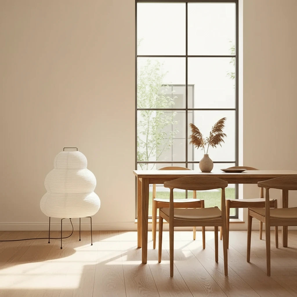 Japandi floor lamp in corner of calm bedroom – soft warm light atmosphere