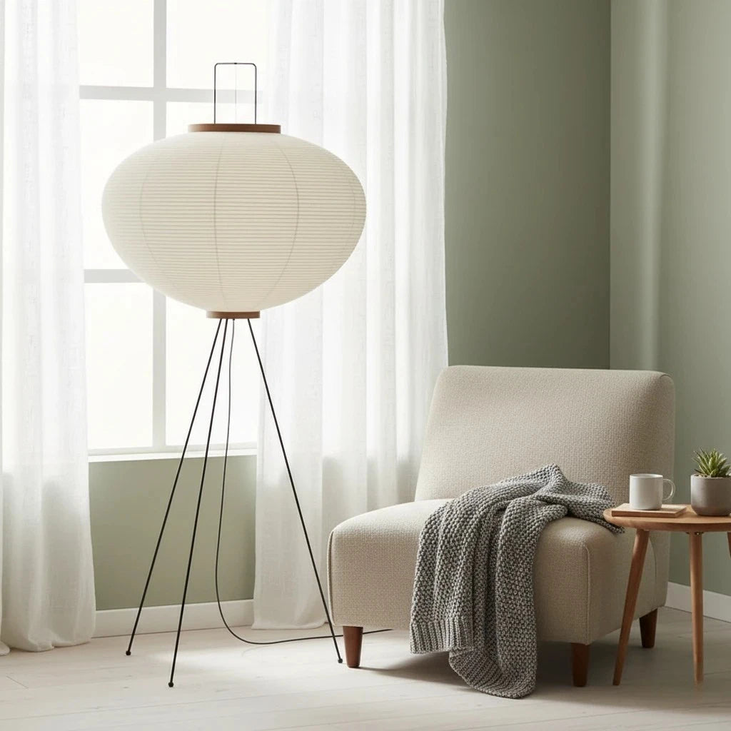 Modern interior with a tripod floor lamp, beige armchair, and small table.