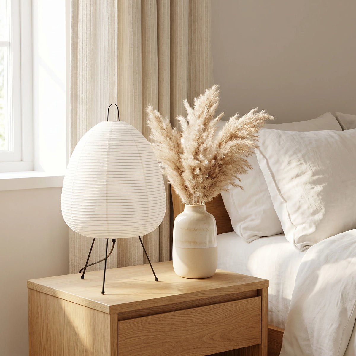 White lamp and vase with dried plants on a wooden nightstand next to a bed.