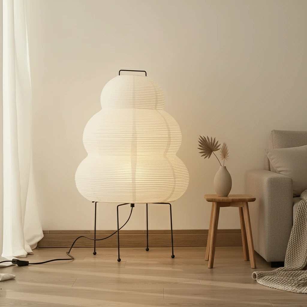 Wabi sabi tiered paper floor lamp with iron frame – Japandi living room decor